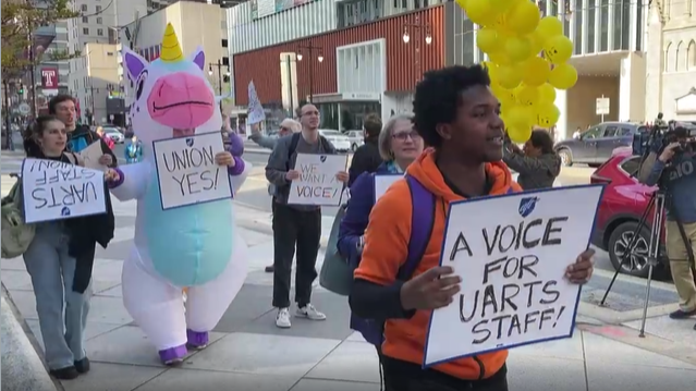 Groups from across the city joined demonstrators represented by United Academics of Philadelphia – AFT Local 9608 to march in front of University of the Arts' Hamilton Hall.