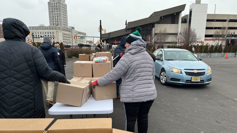 Volunteers from around the region braved the cold to give away boxes of food at Cooper Hospital in Camden on on Martin Luther King Jr. Day of Service.