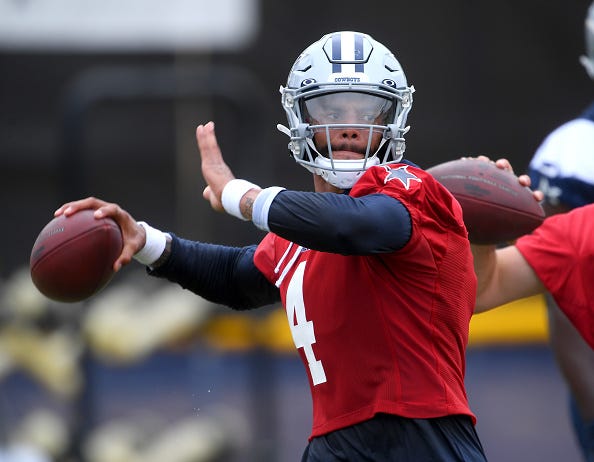Dak Prescott throws at Cowboys training camp. 