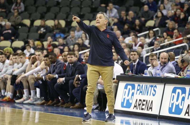 Duquesne Dukes head coach Keith Dambrot reacts on the sidelines against the Dayton Flyers during the second half at PPG Paints Arena. Dayton won 73-69.