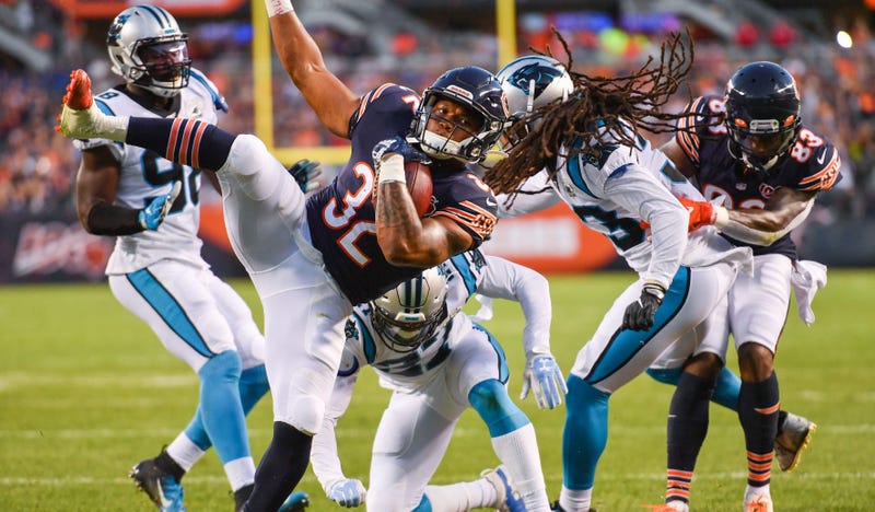 Bears running back David Montgomery (32) scores a touchdown against the Panthers.