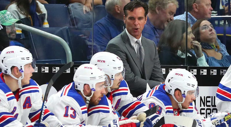 Oct 6, 2018; Buffalo, NY, USA; New York Rangers head coach David Quinn behind the bench during the third period against the Buffalo Sabres at KeyBank Center. Mandatory Credit: Kevin Hoffman-USA TODAY Sports
