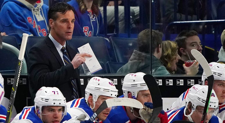 Rangers coach David Quinn stands behind the bench during a game against the Sabres on Feb. 15, 2019, at KeyBank Center in Buffalo.