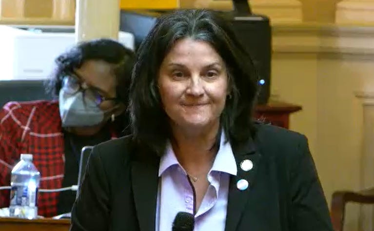Delegate Dawn Adams (D) pleads over transgender notification bill.