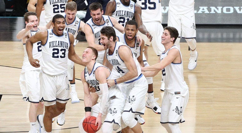 Donte DiVincenzo (10) and the Villanova Wildcats celebrate after beating Michigan for the national championship on April 2, 2018, at the Alamodome in San Antonio.