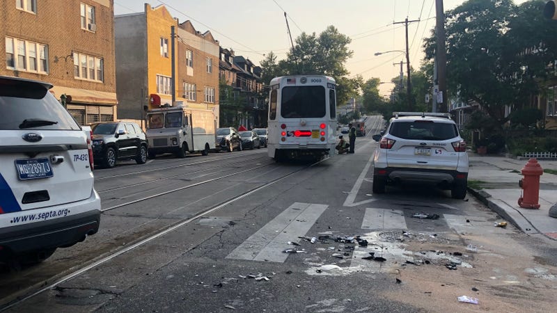 A car collided with a trolley Sunday morning, knocking it off its tracks at the intersection of 52nd Street and Chester Avenue for several hours.