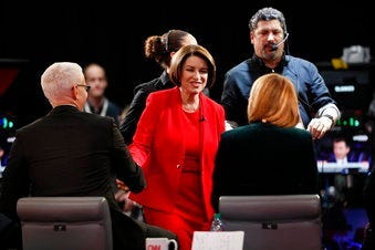 Democratic presidential candidate Sen. Amy Klobuchar, D-Minn., prepares to be interviewed in the spin room Tuesday, Jan. 14, 2020, after a Democratic presidential primary debate. (AP Photo/Charlie Neibergall)