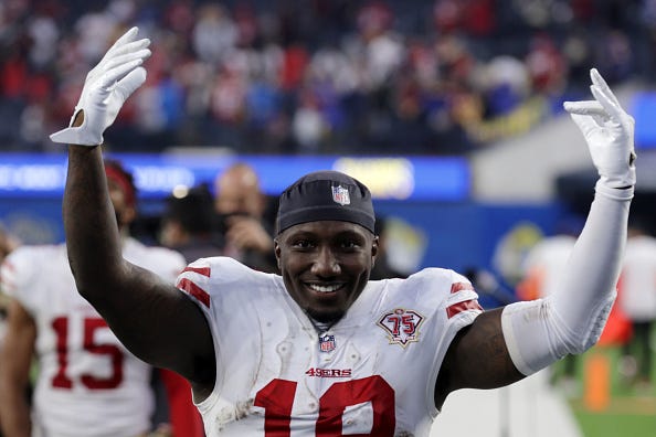 Deebo Samuel celebrates a 49ers victory. 
