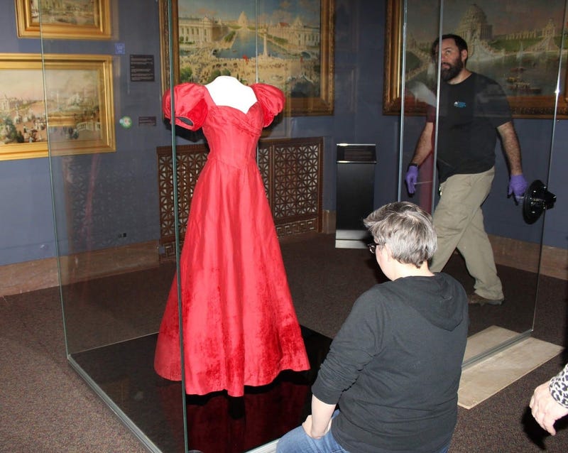 A dress worn by Judy Garland in Meet Me in St. Louis is on display
