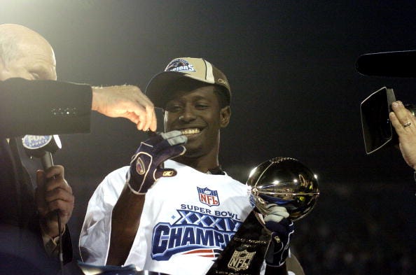 Deion Branch wins Super Bowl MVP for the Patriots. 