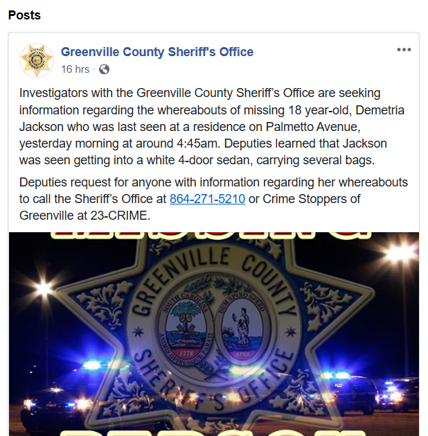 GCSO Demetria Jackson FB Post