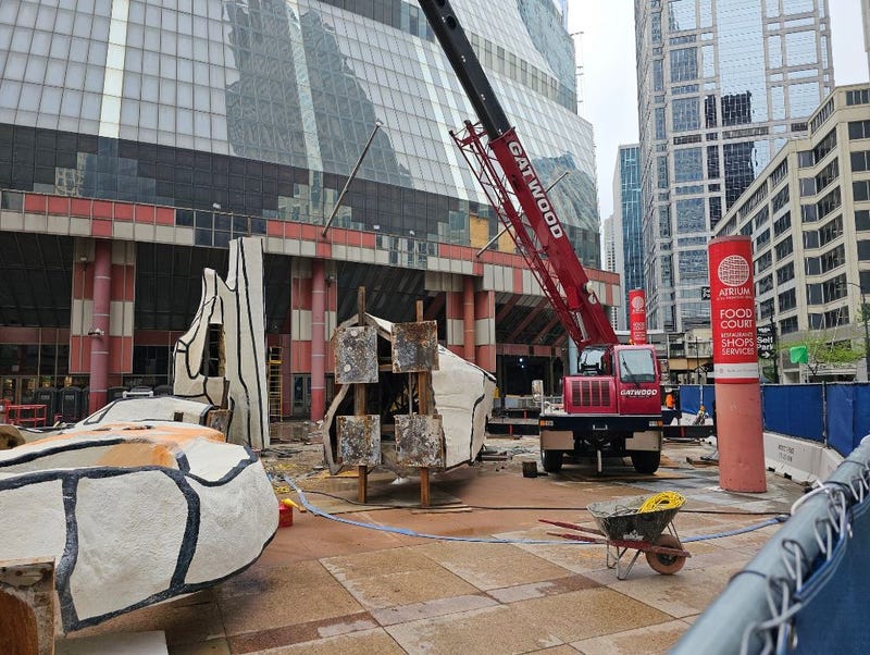 Thompson Center demolition now in full swing. Much of the lower level exterior already removed.