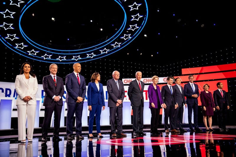 Democratic presidential candidates Hawaii Rep. Tulsi Gabbard, businessman Tom Steyer, New Jersey Sen. Corey Booker, California Sen. Kamala Harris, Vermont Sen. Bernie Sanders, former Vice President Joe Biden, Massachusetts Sen. Elizabeth Warren, South Ben