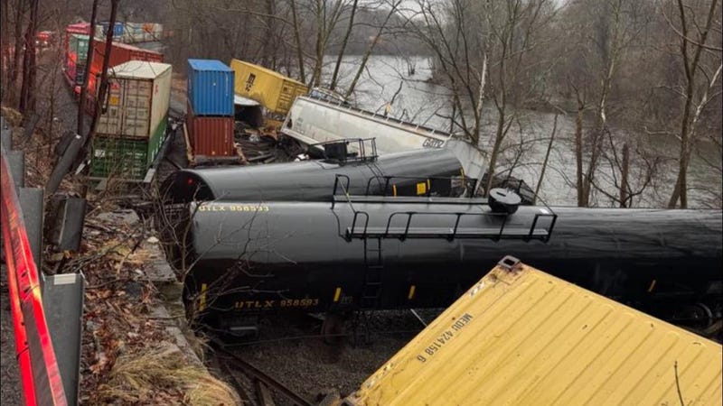 Train cars in disarray following a derailment in Lower Saucon Township