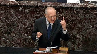 In this image from video, Alan Dershowitz, an attorney for President Donald Trump, speaks during the impeachment trial against Trump in the Senate at the U.S. Capitol in Washington, Monday, Jan. 27, 2020. (Senate Television via AP)