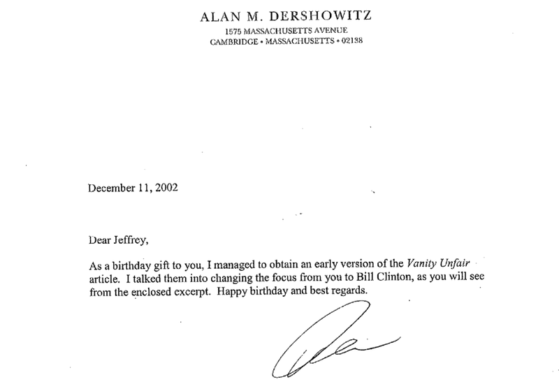 A message that a birthday book assembled for Jeffrey Epstein claims is from Alan Dershowitz. 