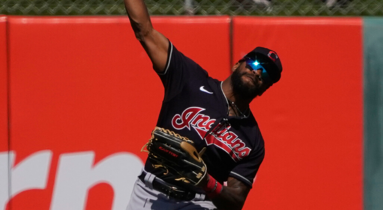 Mar 9, 2020; Tempe, Arizona, USA; Cleveland Indians center fielder Delino DeShields (0) makes the play against the Los Angeles Angels during a spring training game at Tempe Diablo Stadium. Mandatory Credit: Rick Scuteri-USA TODAY Sports