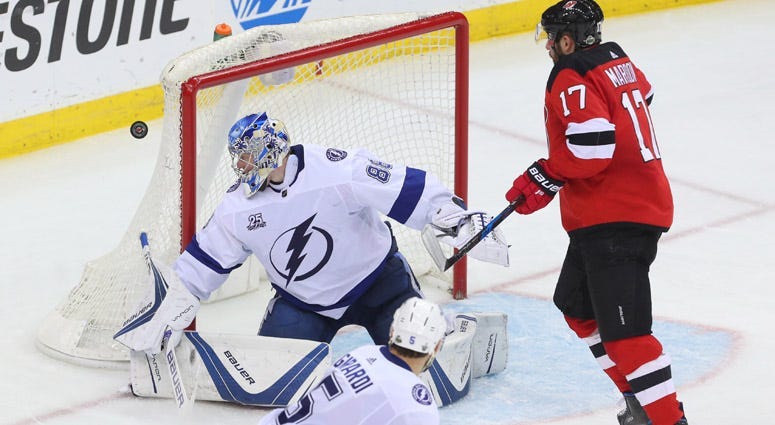  Lightning goalie Andrei Vasilevskiy makes a save during the third period of Game 4 of the first-round playoff series against the Devils on April 18, 2018, at the Prudential Center.