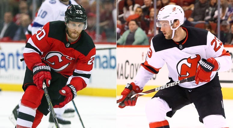 Devils forwards Blake Coleman (left) and Stefan Noesen
