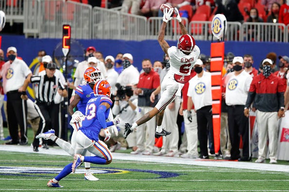 Devonta Smith elevates to make a catch for Alabama. 