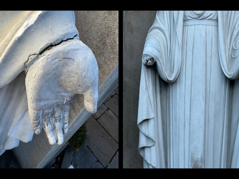 The right hand of the statue of Virgin Mary at St. Andrew Avellino parish was broken off while the left hand was severely damaged on Tuesday, Oct. 31. 2023.