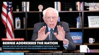 In this image from video provided by BernieSanders.com, Democratic presidential candidate Sen. Bernie Sanders, I-Vt., speaks from Washington, Tuesday, March 17, 2020. (BernieSanders.com via AP)