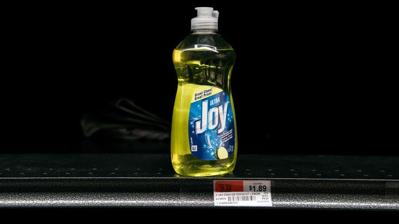 A single bottle of dish soap sits on a bare shelf at a supermarket in Brooklyn on April 13, 2020 in New York City.