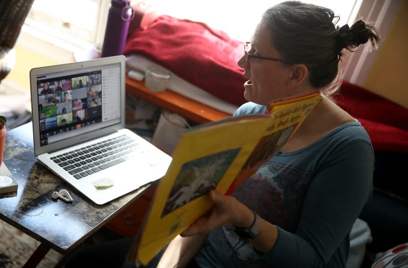 Leanne Francis, first grade teacher at Harvey Milk Civil Rights Academy, conducts an online class from her living room in San Francisco