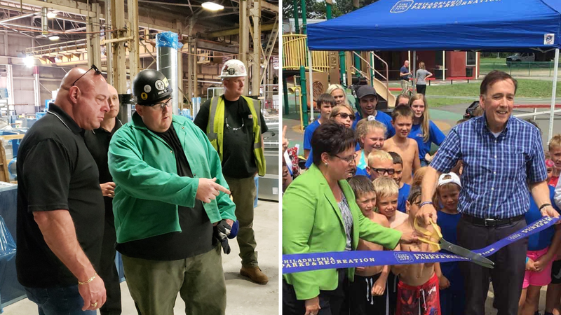 Left: Gary Masino meets with union workers. Right: City Councilmember Brian O’Neill attends a ribbon-cutting.