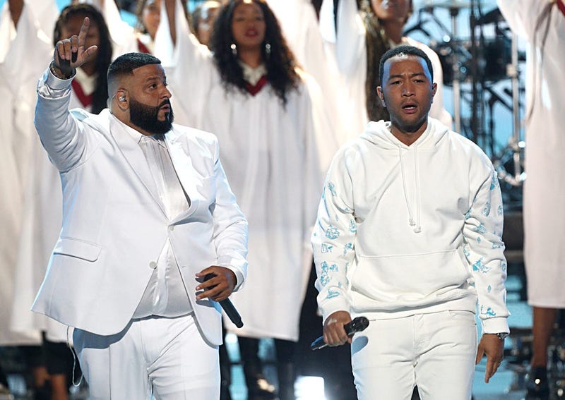 LOS ANGELES, CALIFORNIA - JUNE 23: (L-R) DJ Khaled and John Legend perform onstage at the 2019 BET Awards at Microsoft Theater on June 23, 2019 in Los Angeles, California. 