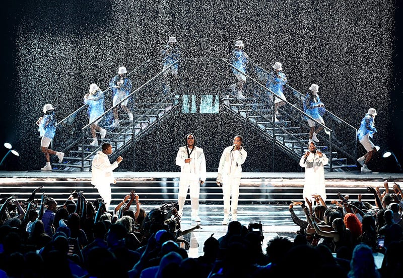 LOS ANGELES, CALIFORNIA - JUNE 23: (L-R) Mustard and Takeoff, Quavo, and Offset of Migos perform onstage at the 2019 BET Awards at Microsoft Theater on June 23, 2019 in Los Angeles, California. 