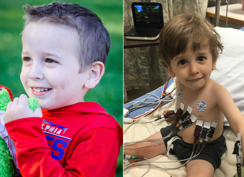 Dominic Rosini on his sixth birthday, in 2020, and on the day of his first seizure, in 2017.