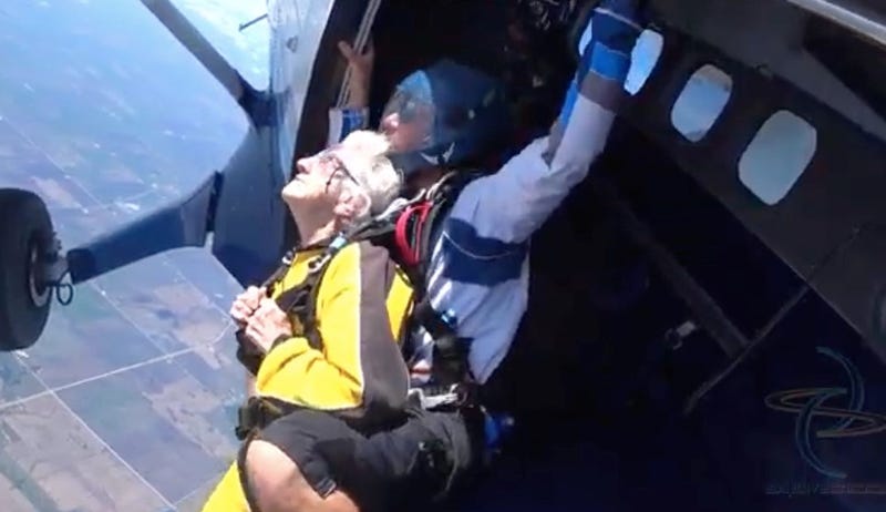Dorothy and instructor jumping from plane