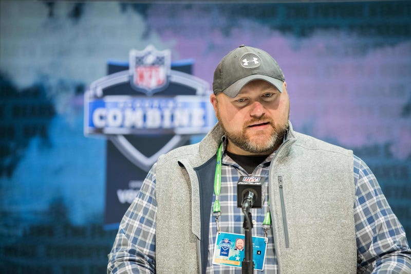 Jets GM Joe Douglas talks at the NFL Scouting Combine. 