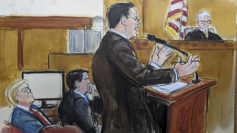In this courtroom sketch, Tuesday, May 28, 2024, Assistant District Attorney Joshua Steingless delivers the prosecution closing arguments in Donald Trump’s criminal trial, in New York. Trump is seated far left with eyes closed, beside his attorney Todd Blanche.