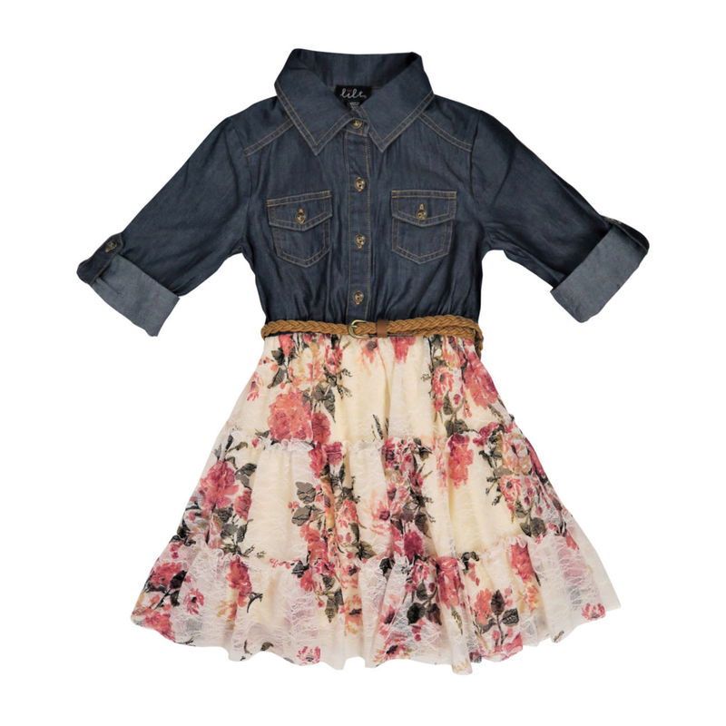Lilt Little & Big Girls Long Sleeve Roll Tab Sleeve Fit & Flare Dress