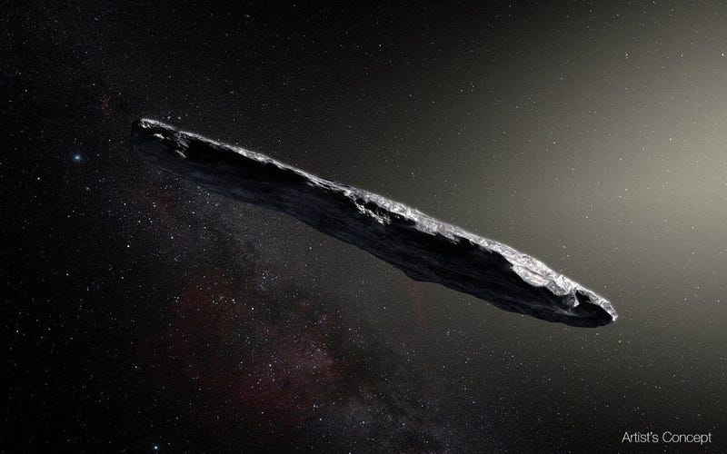 Artist's concept of interstellar object1I/2017 U1 ('Oumuamua) as it passed through the solar system after its discovery in October 2017