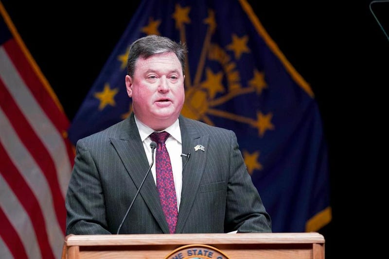 FILE - In this Jan. 11, 2021 file photo, Indiana's attorney general Todd Rokita speaks, in Indianapolis. Indiana's attorney general took aim Friday, May 1, 2021, at Gov. Eric Holcomb's attempt to block a new law giving state legislators more authority to intervene during public emergencies declared by the governor. A lawsuit filed by the Republican governor on Tuesday, April 27, 2001, challenged the law enacted over his veto two weeks ago giving legislative leaders the power to call the General Assembly into what it calls an "emergency session."