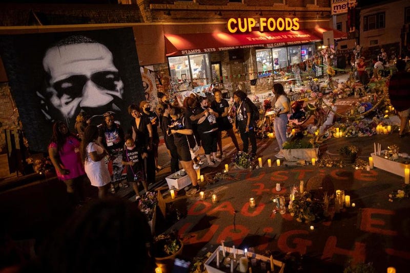 The family of Daunte Wright gathers on the one-year anniversary of George Floyd's death, Tuesday, May 25, 2021, in Minneapolis. Wright was fatally shot earlier this year by a Minneapolis police officer.