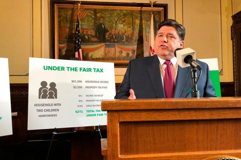 In this March 7, 2019, file photo, Gov. J.B. Pritzker outlines his plan to replace Illinois' flat-rate income tax with a graduated structure at the State Capitol in Springfield, Ill. Both sides in the debate over changing Illinois' income tax system from a flat-rate to a graduated structure, which voters face on this fall's election ballot, have straightforward arguments.