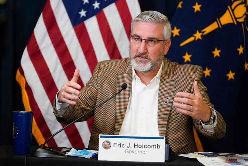 Indiana Gov. Eric Holcomb speaks during a media availability from the Statehouse, Tuesday, Jan. 5, 2021, in Indianapolis.