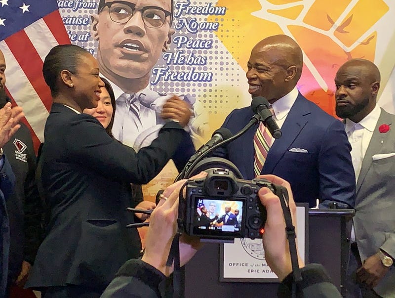 Mayor-elect Eric Adams and Nassau County Chief of Detectives Keechant Sewell at a press conference announcing she will be the new NYPD commissioner