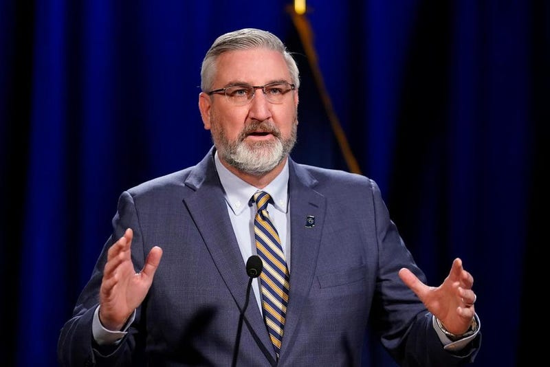 n this Jan. 19, 2021 file photo, Indiana Gov. Eric Holcomb delivers his State of the State address virtually, in Indianapolis. Indiana's attorney general Todd Rokita took aim Friday, May 1, 2021, at Gov. Holcomb's attempt to block a new law giving state legislators more authority to intervene during public emergencies declared by the governor. A lawsuit filed by the Republican governor on Tuesday, April 27, 2001, challenged the law enacted over his veto two weeks ago giving legislative leaders the power to call the General Assembly into what it calls an "emergency session."