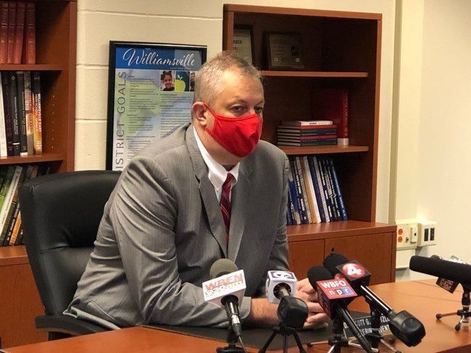 Williamsville Schools Superintendent Dr. Scott Martzloff addresses reopening concerns. August 24, 2020 (WBEN Photo/Mike Baggerman)