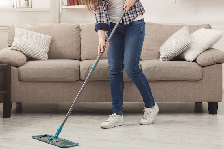 Young Woman, Cleaning, House, Mopping, Living Room, Couch, Clean Floor