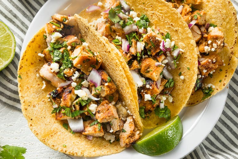 Homemade, Tacos, Chicken, Onion, Cilantro, Cheese