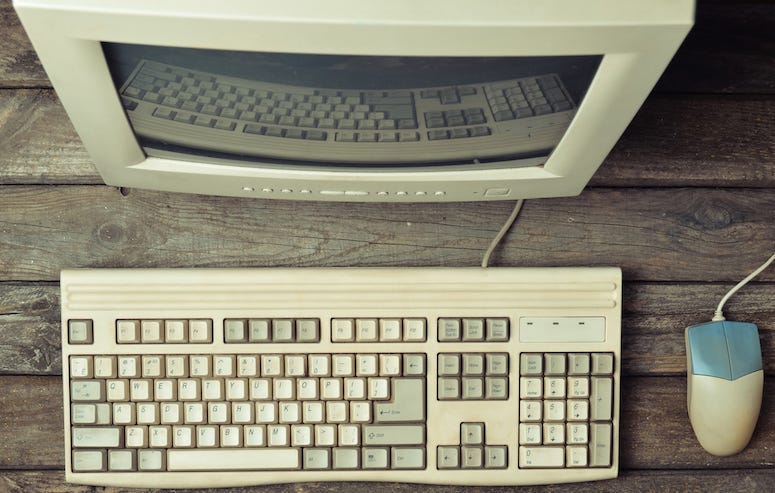 Retro, Computer, Desktop, Rustic, Wooden Table, Keyboard, Mouse