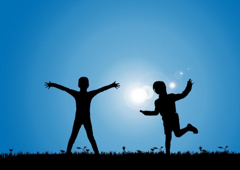 Siblings, Playing, Meadow, Blue Sky, Silhouette