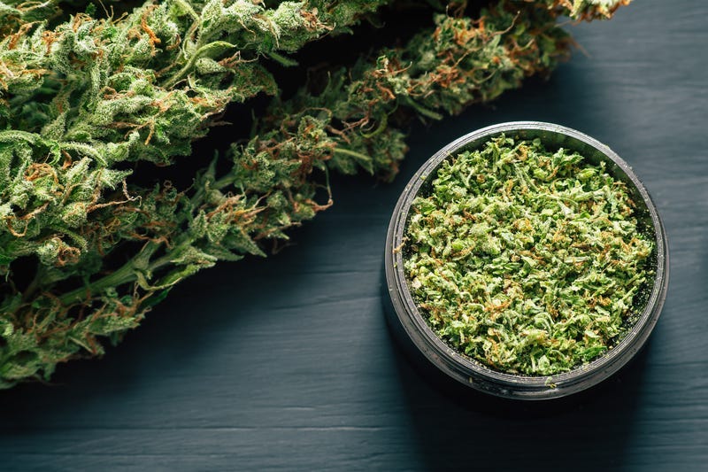 Macro of marijuana with trichomes and crushed grass in a grinder for chopping a canapis on a black table