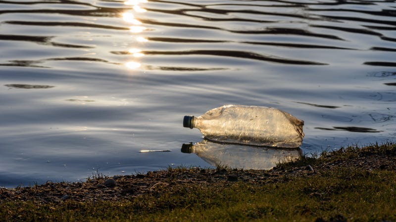 Water bottle in a river. 